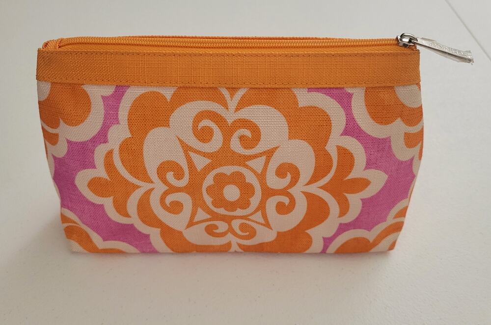 Clinique Orange Pink Floral Cosmetic Makeup Bag Travel Toiletry Pouch Zip Case